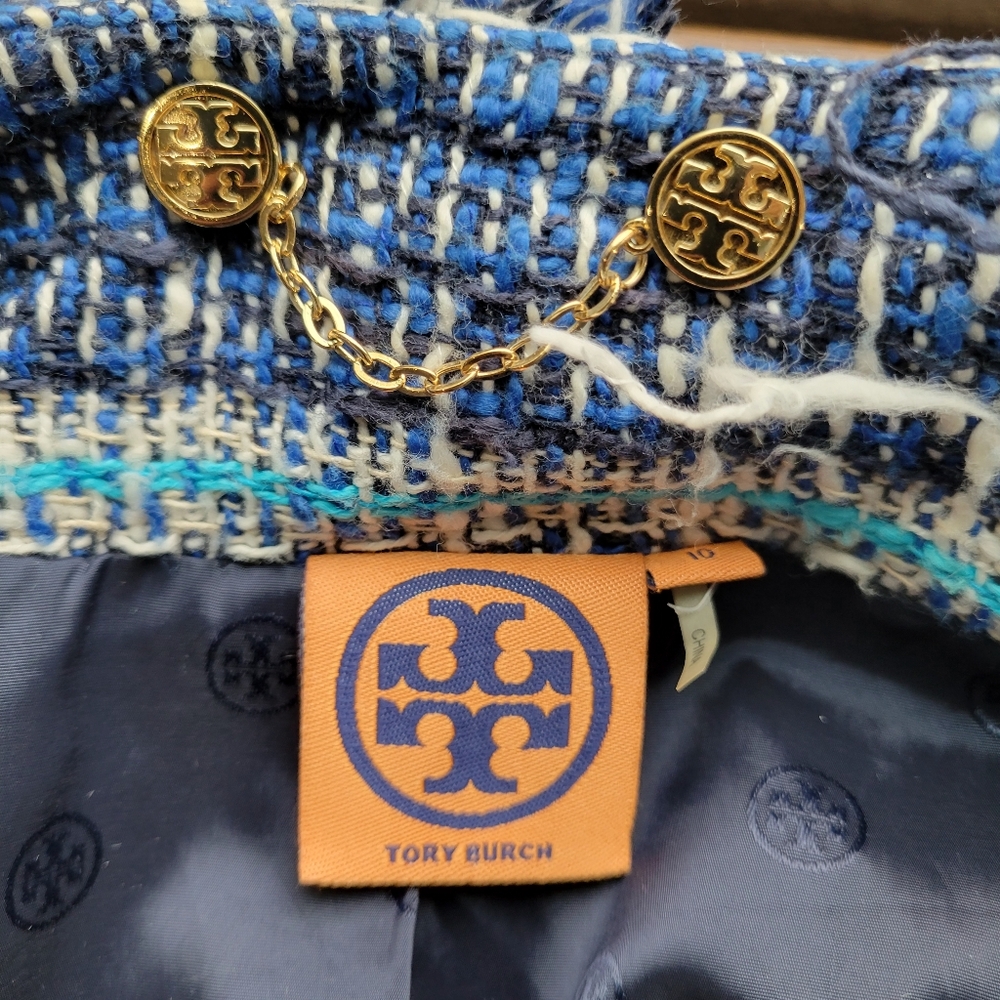 Tory Burch Blue Multi Tweed Fringe Jacket - Picture 5 of 9